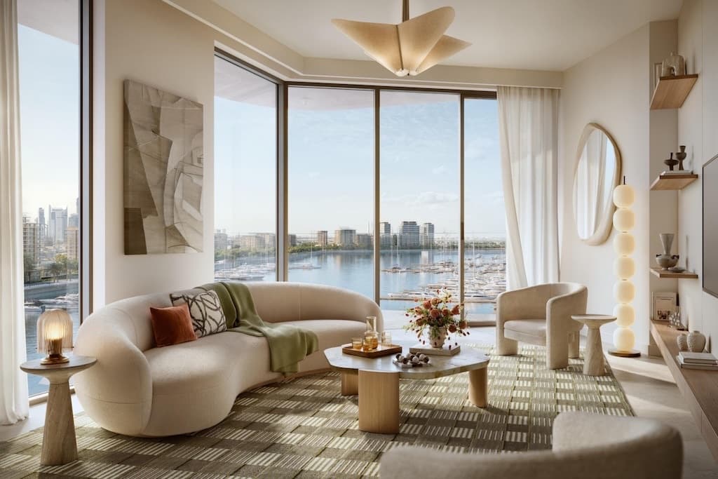 Fior living area with marina views